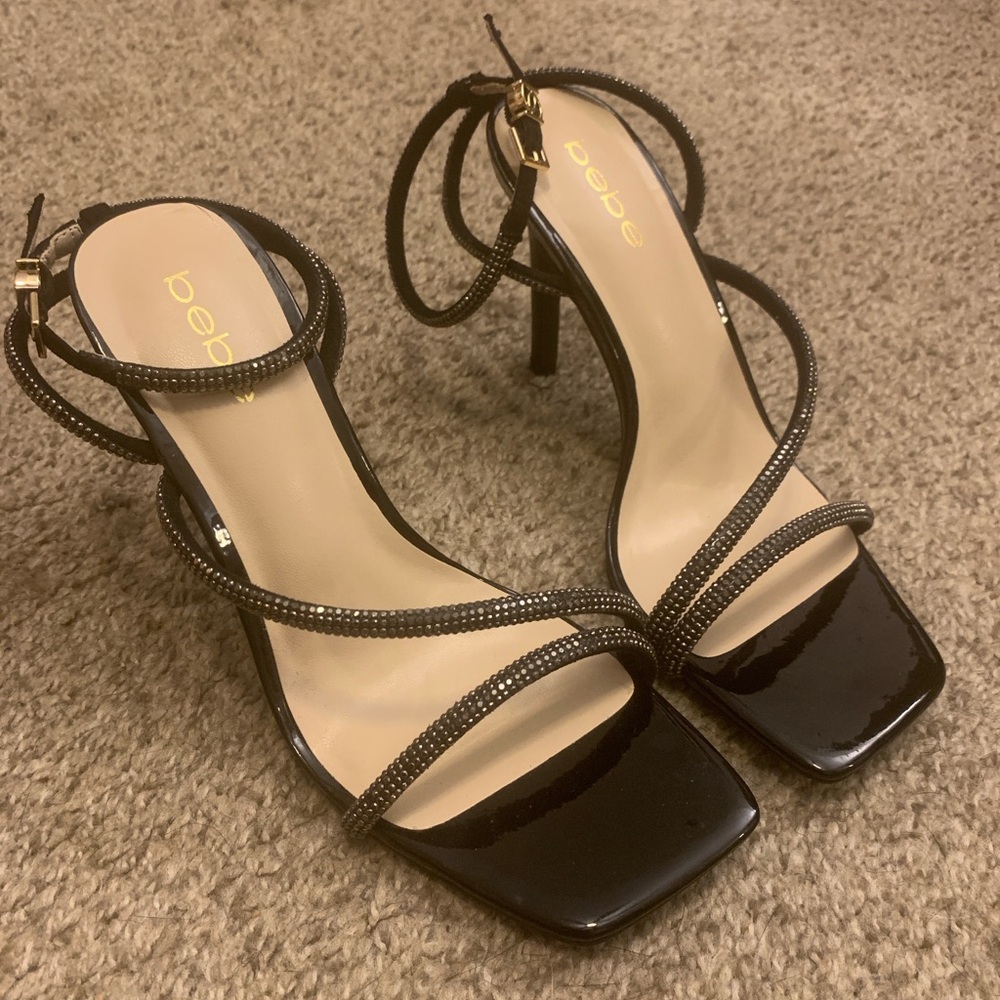 Bebe Black Strappy Heels with Square Toe